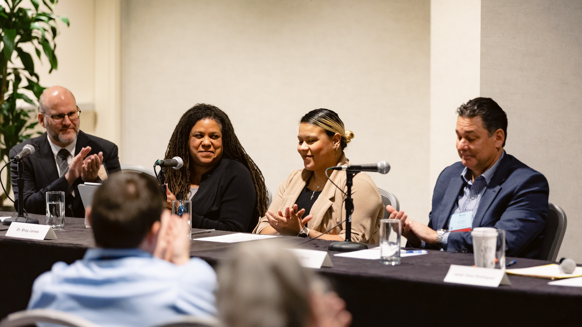 Scott Nine, Dr. Shay James, Evelin Gonzalez, and Brent Barry speak at the 2022 Oregon School Boards Association annual convention.